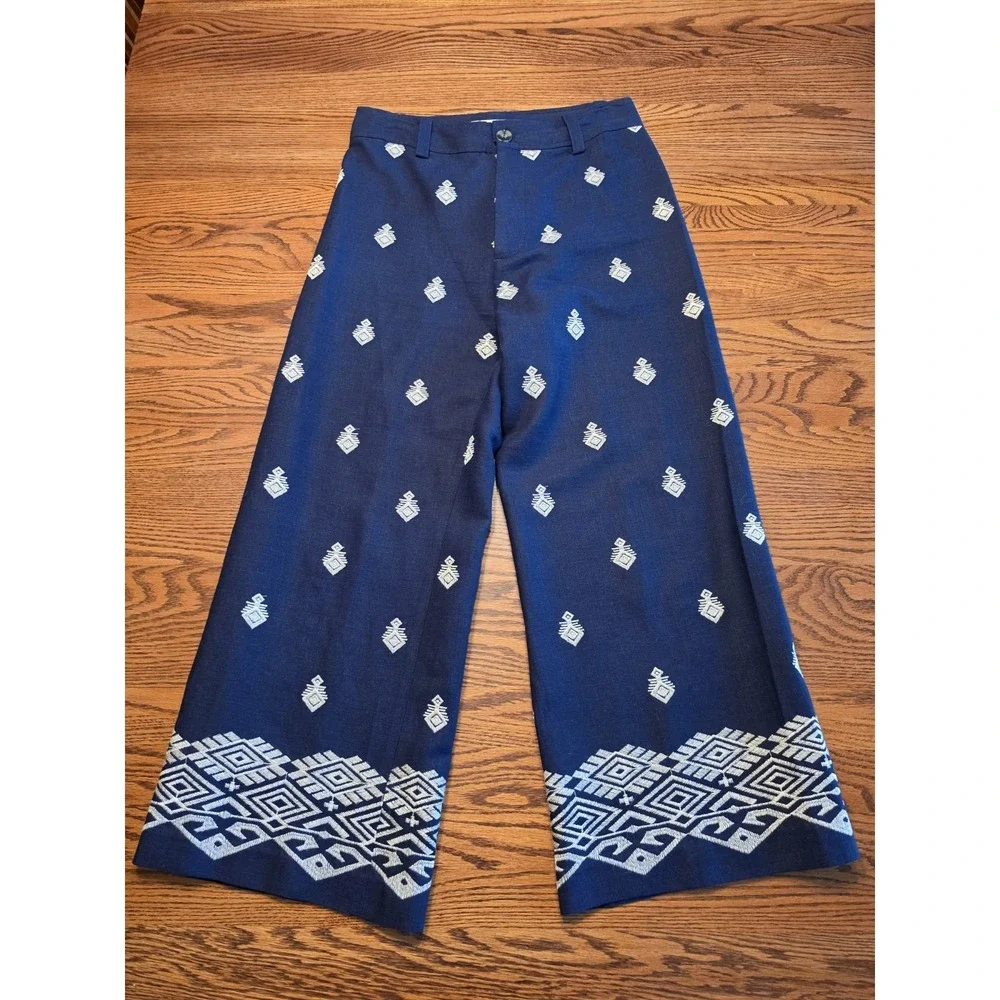 Zara Culotte Pants Womens Small Embroidered Cropped Linen Blend Boho Coastal